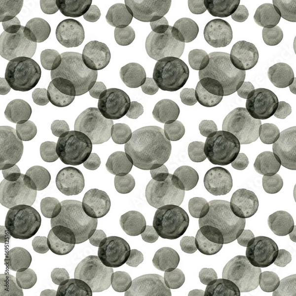 Fototapeta Seamless pattern watercolor geometric oxide black circle dot white background. Hand drawn round shape geometrical illustration. For wallpaper, texture, design, textile, wrapping paper.