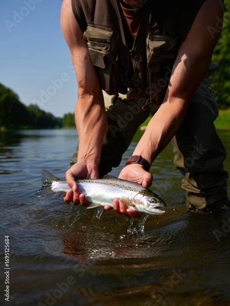 Fototapeta A person with muscular arms catches a rainbow trout in a river surrounded by greenery. The sun shines brightly, reflecting on the clear water, creating a serene outdoor experience