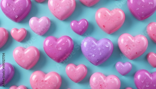 Fototapeta Heart-shaped treats in various shades of pink and purple on a teal background.A vibrant and joyful image showcasing numerous heart-shaped objects in different shades of pink and purple, arranged in a 