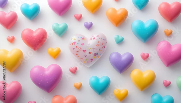 Fototapeta Colorful Heart-Shaped Objects Arranged on a White Background.A vibrant and cheerful composition of various pastel-colored heart shapes, arranged in a pleasing pattern on a clean white background.