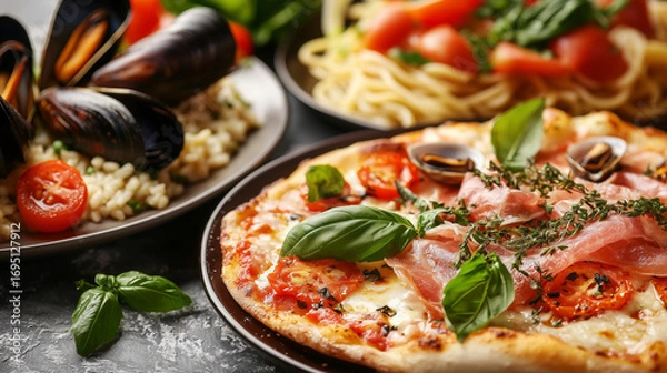 Obraz 彩りイタリアン：ピザとパスタの贅沢な食卓