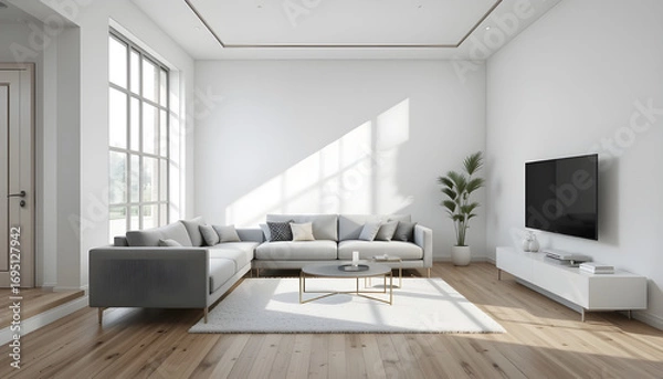Fototapeta Modern, Stylish Living Room with Neutral Color Palette.This bright and airy living room showcases a contemporary design with a neutral color scheme.
