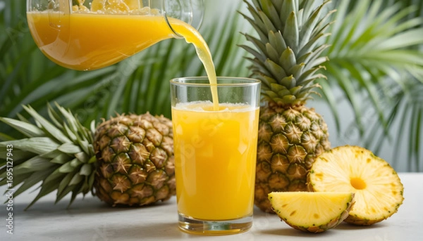 Fototapeta Fresh Pineapple Juice Pouring into a Glass.A close-up image of fresh pineapple juice being poured from a pitcher into a glass, surrounded by whole and sliced pineapples.