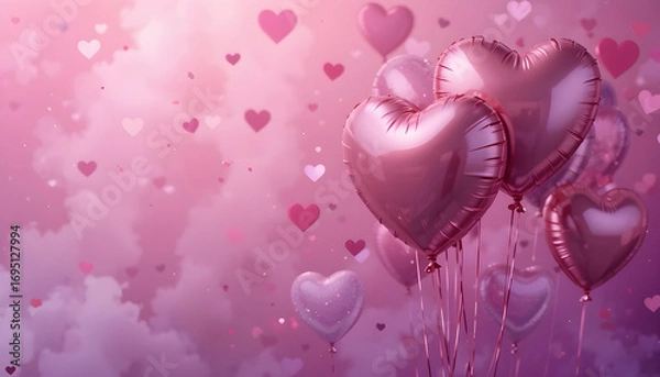 Fototapeta Romantic Heart Balloons in a Soft Pink Valentine's Day Setting.A beautiful, romantic image of heart-shaped balloons in various shades of pink, against a soft, dreamy background of floating hearts.