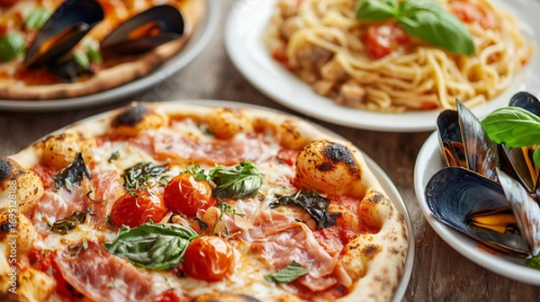 Obraz 彩りイタリアン：ピザとパスタの贅沢な食卓