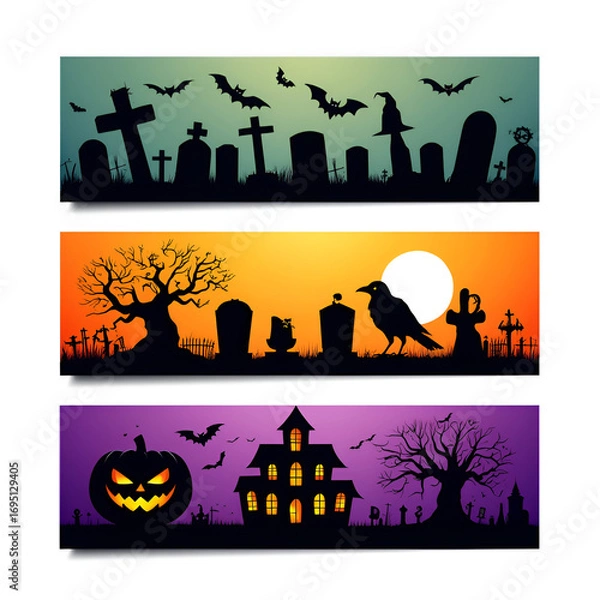 Fototapeta halloween banners backgrounds with trees and bats, Horizontal illustration