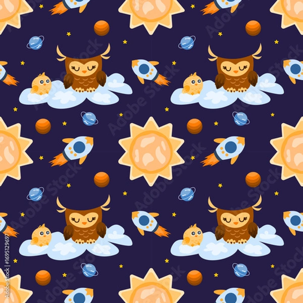 Fototapeta Seamless vector pattern with cute owls, rockets, planets, stars, and suns on a dark background. Perfect for kids’ designs, textiles, and wallpapers.
