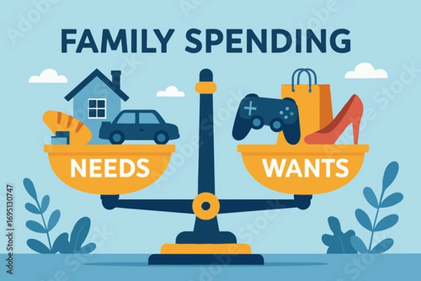 Fototapeta Needs vs Wants Balance. Commercial banner showing financial balance scale comparing “needs” and “wants” in family spending.