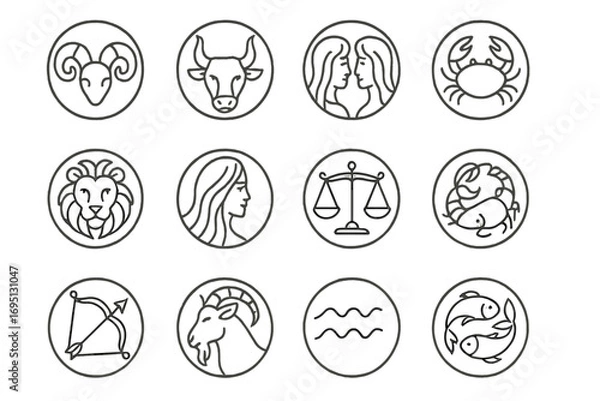Fototapeta Zodiac Icon Stamps. Line style icons of zodiac stamps: Aries horn, Taurus bull, Gemini twins, Cancer crab; Leo mane, Virgo figure,
