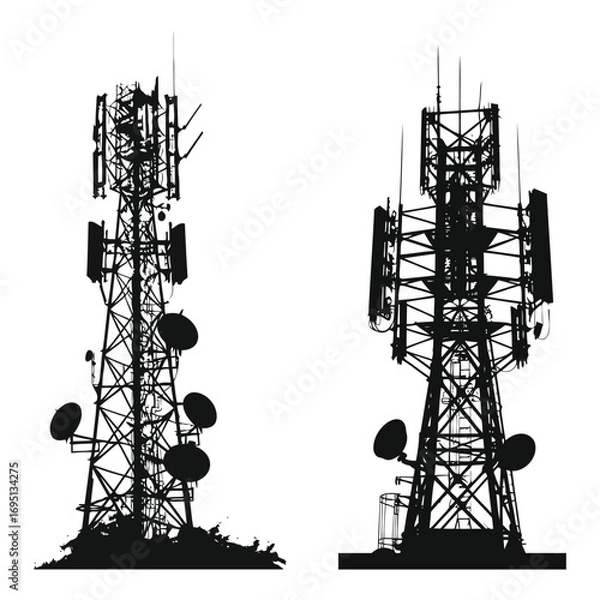 Obraz Two Tall Communication Towers Silhouettes Against White Background Representing Network Infrastructure