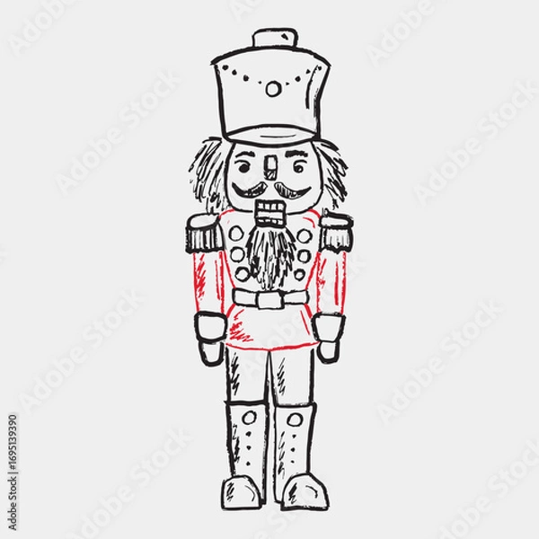 Fototapeta Vector sketch illustration in vintage crayon style. Hand-drawn nutcracker figure in uniform with a hat and a beard, a classic symbol of Christmas. Print design, Christmas decoration.