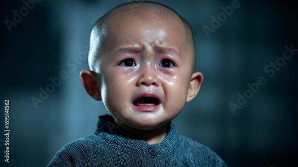 Fototapeta Baby is crying and has tears running down his face. Concept of sadness and vulnerability