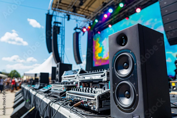 Fototapeta DJ equipment and speakers at outdoor event. Sound system with speakers and colorful stage lights at music festival