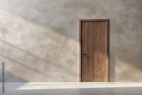 Obraz Modern wooden door on wall. Simple door design with natural light and shadows. Ideal for interior architecture or minimalist decor.