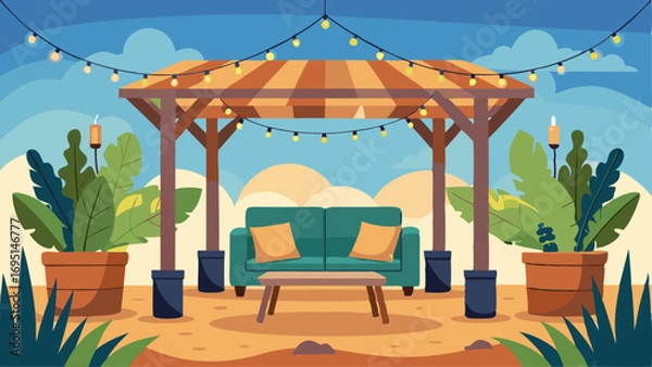 Fototapeta An outdoor pergola with comfortable seating string lights and potted plants creating the perfect spot for relaxation and entertainment.
