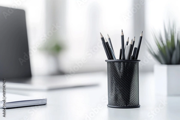 Obraz Soft light on pencils. Black pencils in mesh holder. Clean workspace detail for office and productivity themes.