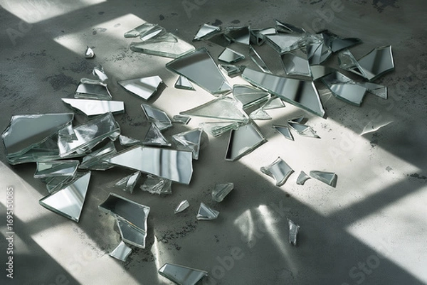 Obraz Scattered mirror shards on concrete. Broken glass pieces in sunlight. Ideal for abstract, danger, or dramatic design themes.