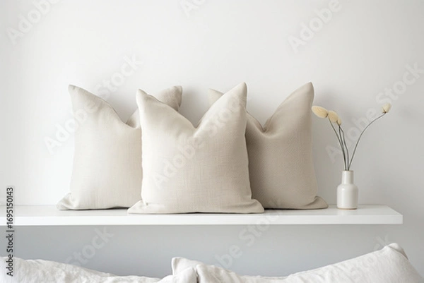 Obraz Minimalist white pillows on shelf. Soft cushions in calm, neutral interior. Ideal for home decor and modern design.