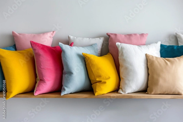 Obraz Soft colorful cushions on shelf. Bright pillows in cozy home setting. Ideal for interior design and decor projects.