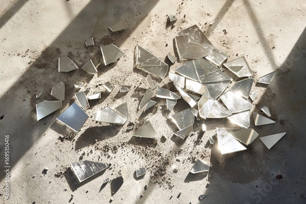 Fototapeta Broken mirror shards on floor. Scattered reflective glass pieces in sunlight. Ideal for abstract, conceptual, or dramatic visuals.