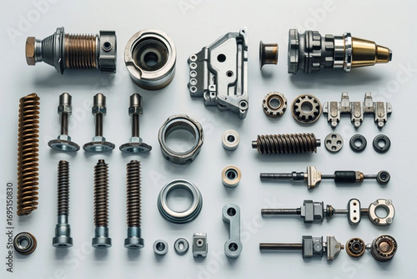 Obraz Organized array of metal parts. Assorted mechanical fasteners and components. Ideal for engineering, repair, or manufacturing visuals.