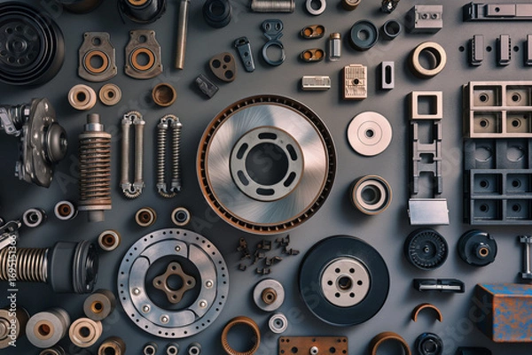 Obraz Precision layout of metal parts. Assorted mechanical components top view. Ideal for engineering, repair, or industrial themes.