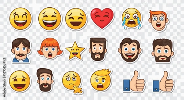 Fototapeta Expressive emoji stickers and cartoon faces conveying joy sadness and surprise for dynamic digital communication and design projects, Generative AI.