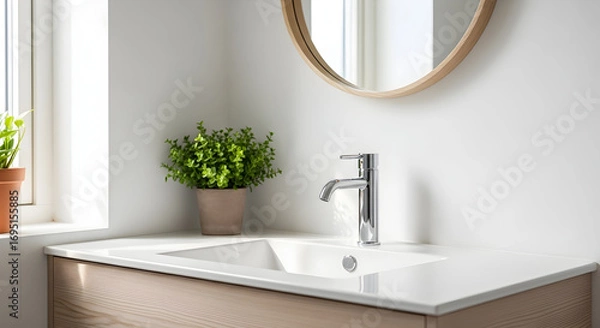 Fototapeta Modern bathroom sink with faucet mirror and green plant creating a fresh ambiance