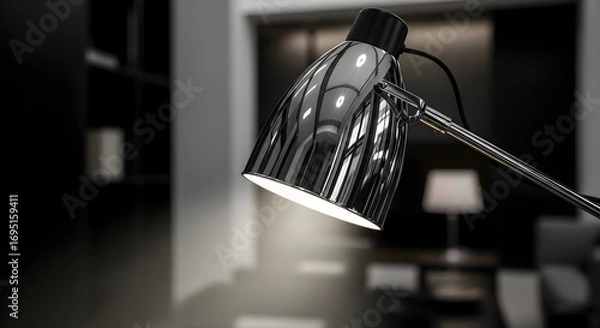 Fototapeta Modern Chrome Lamp Illuminating Room With Selective Focus And Distinctive Refraction