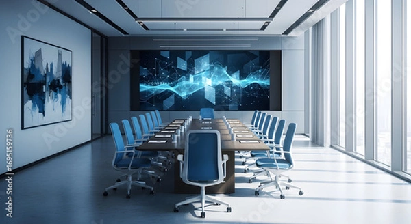 Fototapeta Modern conference room with a large screen displaying data visualization for business meetings
