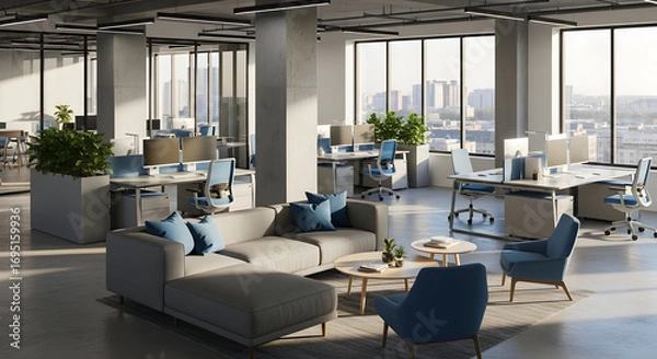 Fototapeta Modern Corporate Workspace: Elegant Office Interior with Desks, Seating, and Panoramic City View