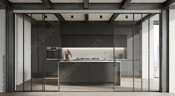 Fototapeta Modern Kitchen Design With Sliding Glass Doors Featuring Minimalist Styling And Elegant Details