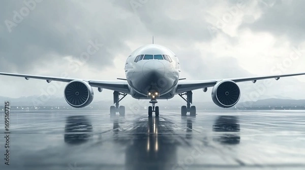 Obraz Wide cinematic shot of airplane taxiing with digital overlay showing sustainable aviation fuel efficiency.