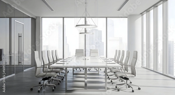 Fototapeta Modern Meeting Room With Chairs And Table Featuring Building View Interior Design