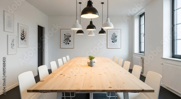 Fototapeta Modern Meeting Space With Minimalist Design, Featuring a Rustic Table and Hanging Lights