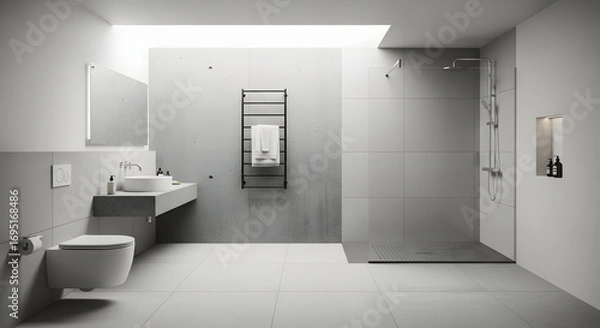 Fototapeta Modern minimalist bathroom design featuring a shower, toilet, and sink with clean lines