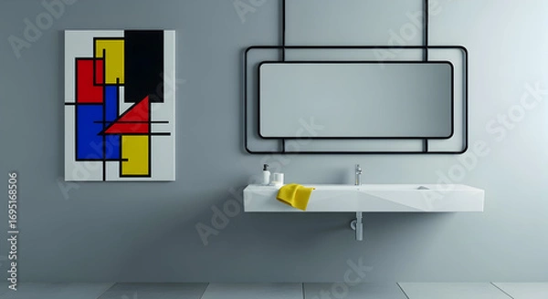 Fototapeta Modern Minimalist Bathroom Design Featuring Geometric Art with Clean Lines and Neutral Tones