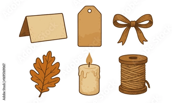 Fototapeta Rustic craft elements: blank card, tag, bow, leaf, candle, twine set