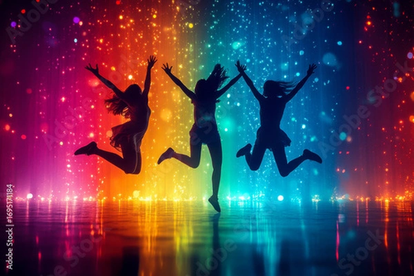 Fototapeta Three female silhouettes jump high with arms raised, celebrating joyfully. A dynamic rainbow light background glows with sparkling particles and colorful reflections.