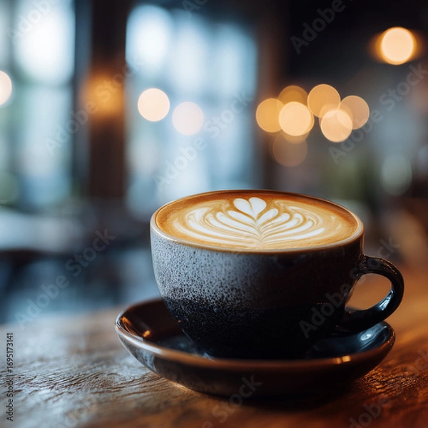 Fototapeta Small cup of latte with rosetta foam amid blurred lights, photograph