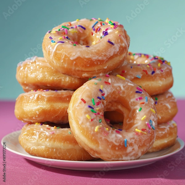 Fototapeta Assorted glazed donuts with colorful sprinkles piled high, photograph