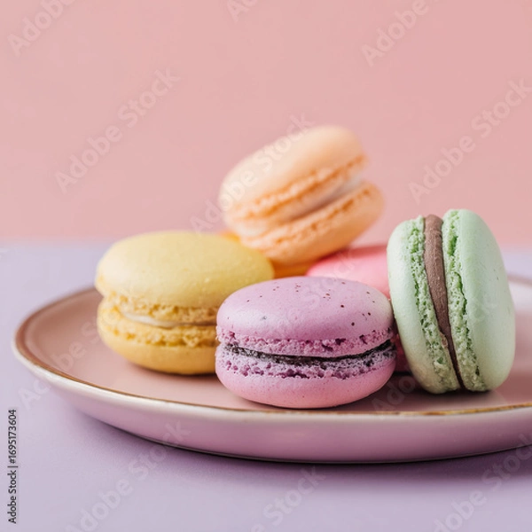 Fototapeta Stacked macarons on a pink background, studio photo