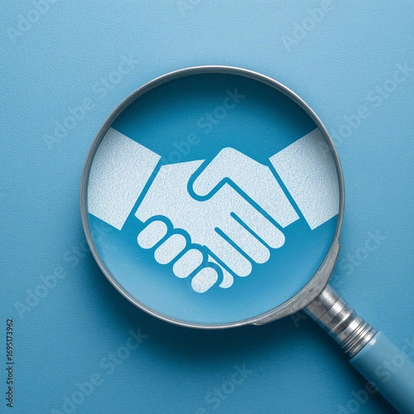 Fototapeta Blue handshake icon inside circular badge on pale blue, 3D render
