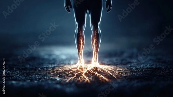 Fototapeta The image shows a person's legs emanating glowing energy, depicting a powerful visual concept.