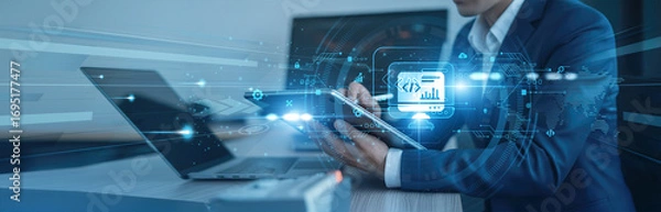 Obraz Coding frameworks, agile methods Businessman using tab with analysis data of growth to software development global connection, application building, debugging, version control, deployment optimization