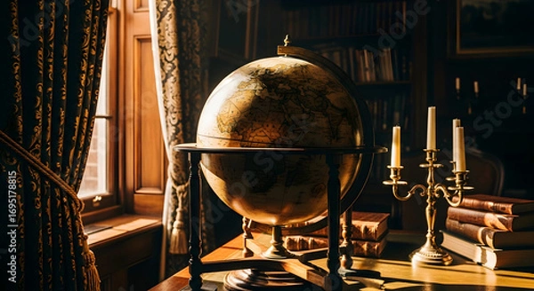 Fototapeta Ornate Display Of Vintage Globe With Candles And Books In A Luxurious Room