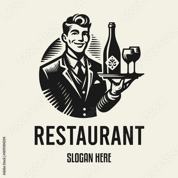 Fototapeta Black and white flat vector logo of a smiling waiter in a suit and tie holding a tray with a wine bottle and two glasses. Elegant restaurant, bar and catering emblem.