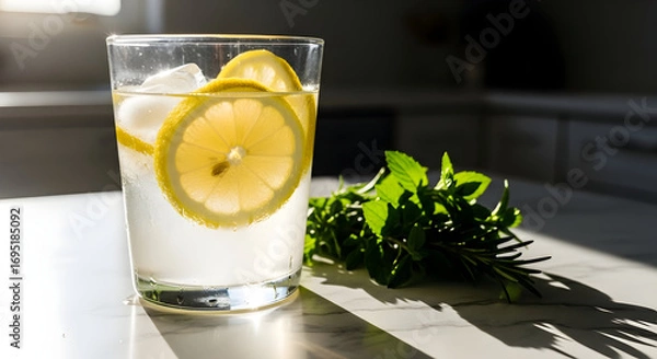 Fototapeta Refreshing Summer Drink With Lemon Slices, Mint and Ice Cubes in Sunlight