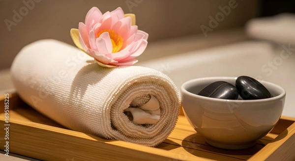 Fototapeta Relaxation And Wellness: A Spa Still Life With Rolled Towel, Flower And Stones