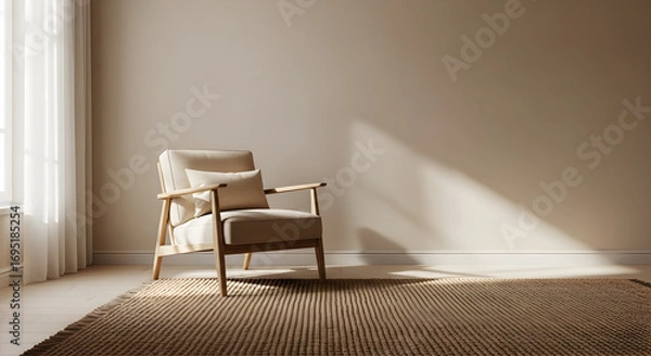 Fototapeta Relaxation In Modern Space: A Comfortable Chair Beside a Window With Sunlight